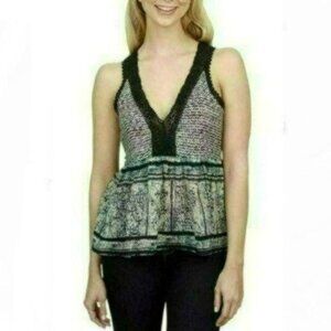 Lucky Brand Women's Medium Blue & Cream Lace Trim V-Neck Peplum Tank Top